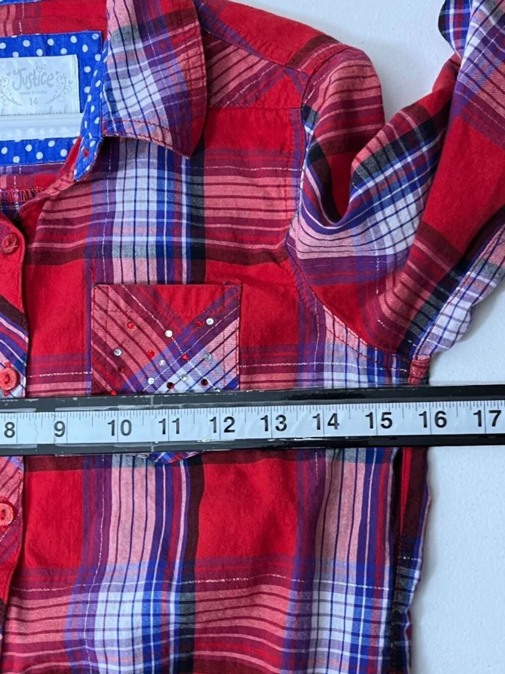 Justice Girls 14 Red Blue Plaid Button Down Shirt Preppy Fall